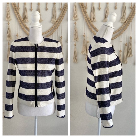 GAP Jackets & Blazers - Gap navy blue cream striped slub knit jacket americana nautical fall layer 4